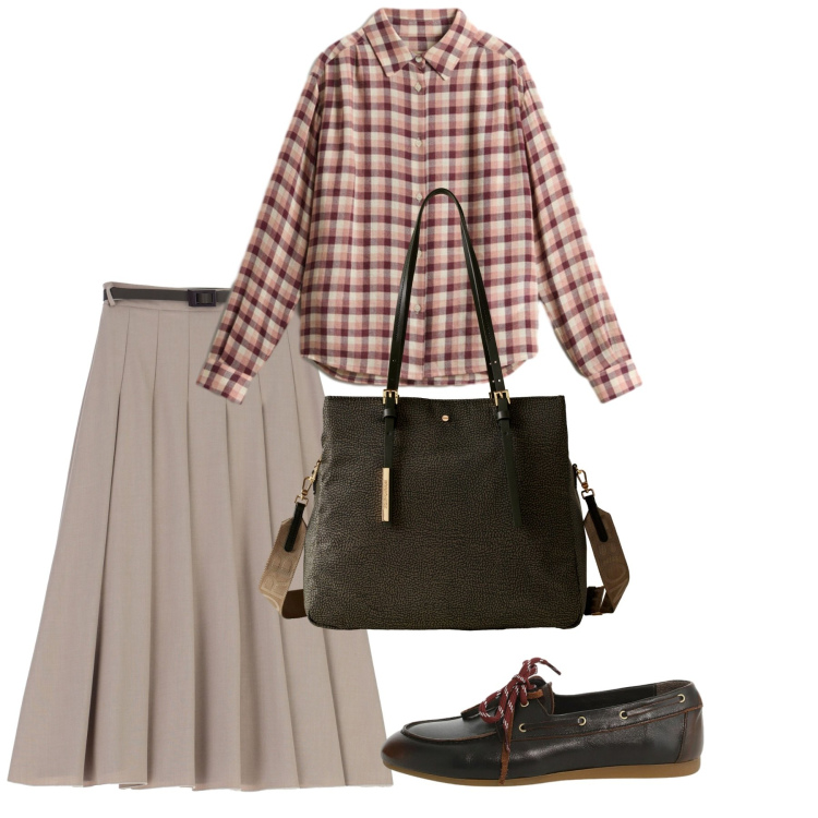 Outfit donna - Preppy fall. Stile Preppy per Tutti i giorni. Abbinamento con gonne longuette, scarpe stringate, shopping bag, camicie.