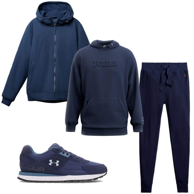 Outfit uomo - Total look #2283588. Stile Trendy per Sport. Abbinamento con giacche, pantaloni, sneakers, felpe con cappuccio.