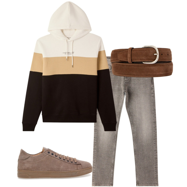 Outfit uomo - Total look #2283589. Stile Trendy per Tutti i giorni. Abbinamento con jeans, felpe con cappuccio, cinture, sneakers.