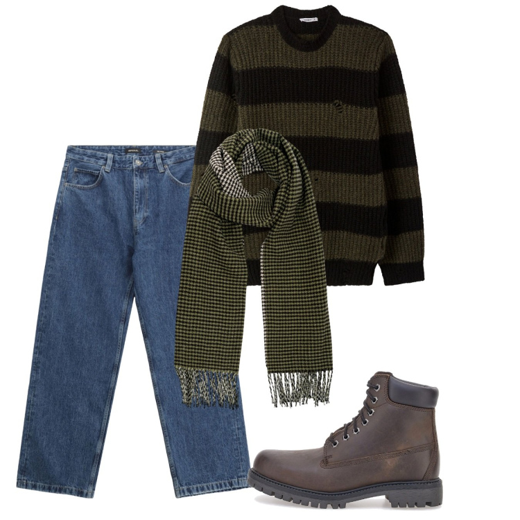 Outfit uomo - Novembre. Stile Casual per Tutti i giorni. Abbinamento con maglieria, jeans, sciarpe, anfibi.