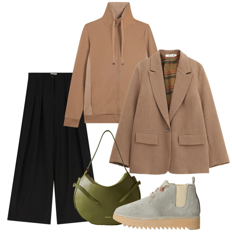 Outfit donna - Fall. Stile Bon Ton per Tutti i giorni. Abbinamento con blazer, felpe, pantaloni a palazzo, borse a spalla, stivaletti.
