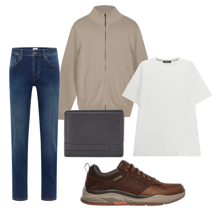 Outfit uomo - Total look #2283594. Stile Casual per Tutti i giorni. Abbinamento con jeans dritti, t-shirt, portafogli, sneakers, cardigans.