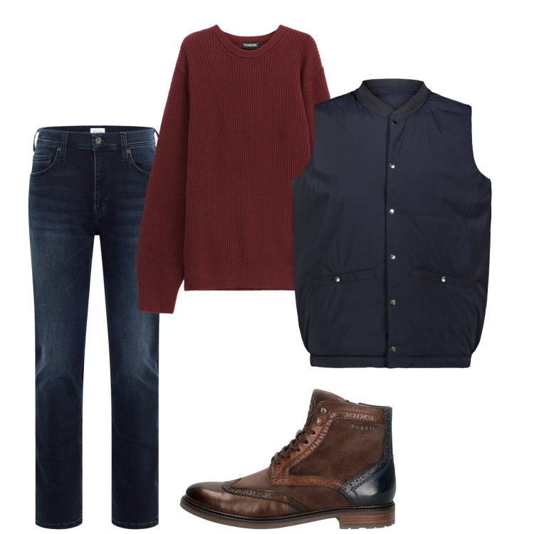 Outfit uomo - Autunno. Stile Casual per Tutti i giorni. Abbinamento con jeans slim fit, maglieria, anfibi, piumini.