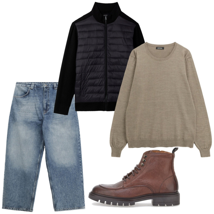 Outfit uomo - Autunno. Stile Casual per Tutti i giorni. Abbinamento con piumini, jeans, maglieria, anfibi.