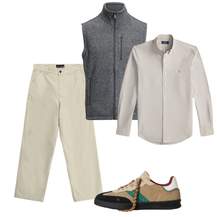 Outfit uomo - Fall. Stile Casual per Tutti i giorni. Abbinamento con pantaloni, camicie, gilet, sneakers.