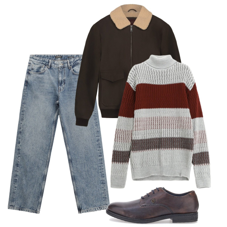 Outfit uomo - Autunno. Stile Casual per Tutti i giorni. Abbinamento con jeans dritti, maglieria, scarpe stringate, bomber.