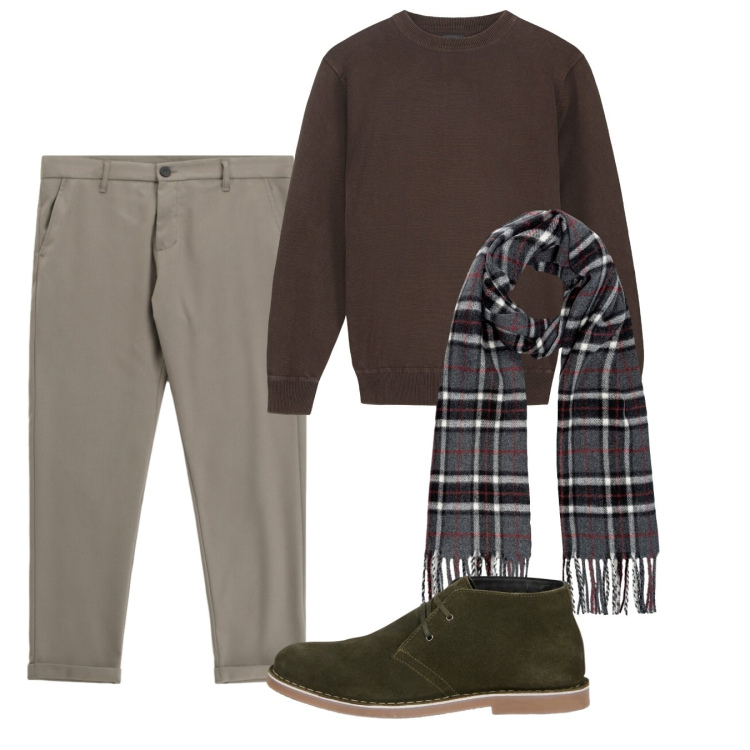 Outfit uomo - La sciarpa tartan. Stile Casual per Tutti i giorni. Abbinamento con pantaloni, stivali e stivaletti, sciarpe, maglieria.