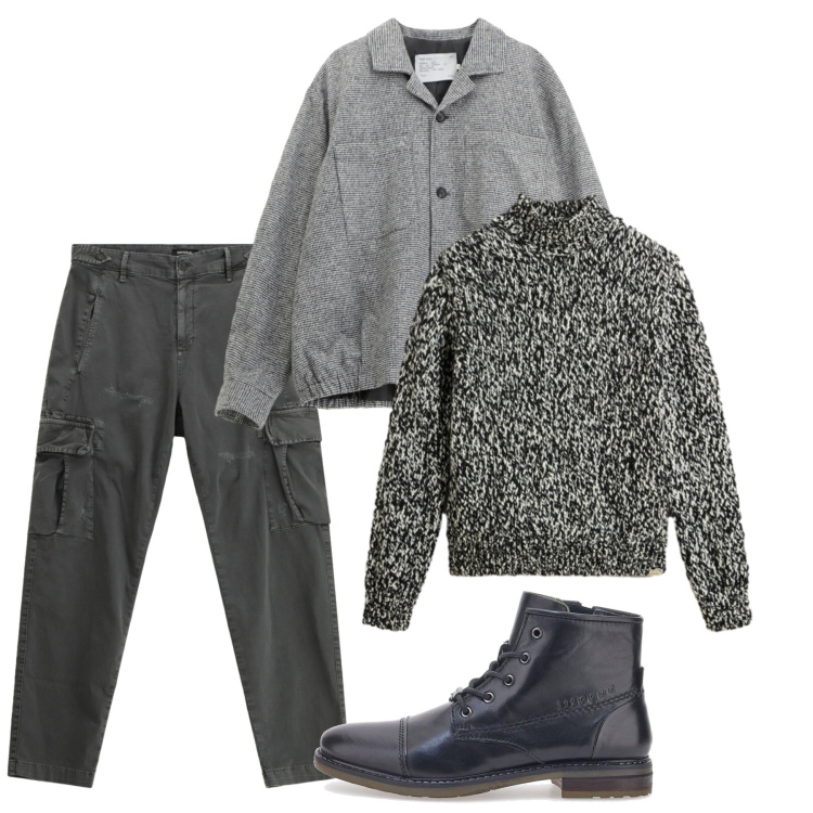 Outfit uomo - Autunno. Stile Casual per Tutti i giorni. Abbinamento con cappotti, pantaloni cargo, maglieria, stivali e stivaletti.