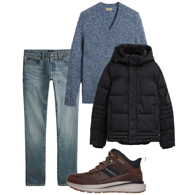Outfit uomo - Novembre. Stile Casual per Tutti i giorni. Abbinamento con piumini, jeans, pullovers, stivali e stivaletti.