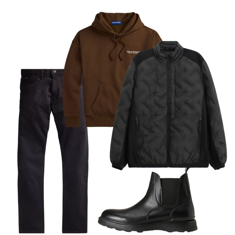 Outfit uomo - Novembre. Stile Casual per Tutti i giorni. Abbinamento con giacche, jeans, felpe con cappuccio, stivali e stivaletti.