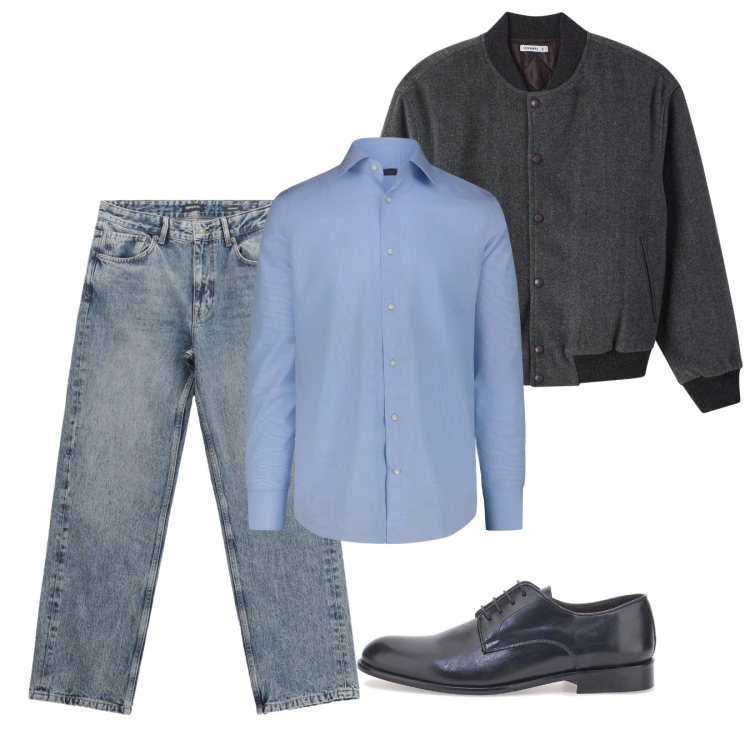 Outfit uomo - Novembre. Stile Casual per Tutti i giorni. Abbinamento con bomber, jeans dritti, scarpe stringate, camicie.