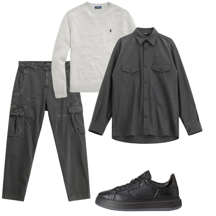 Outfit uomo - Grey. Stile Casual per Tutti i giorni. Abbinamento con camicie, pantaloni cargo, maglieria, sneakers.