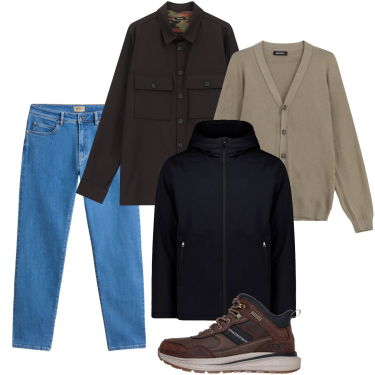 Outfit uomo - Novembre. Stile Casual per Tutti i giorni. Abbinamento con camicie, cardigans, pantaloni, parka, stivali e stivaletti.