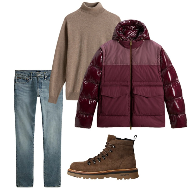 Outfit uomo - Novembre. Stile Casual per Tutti i giorni. Abbinamento con jeans, maglieria, stivali e stivaletti, piumini.