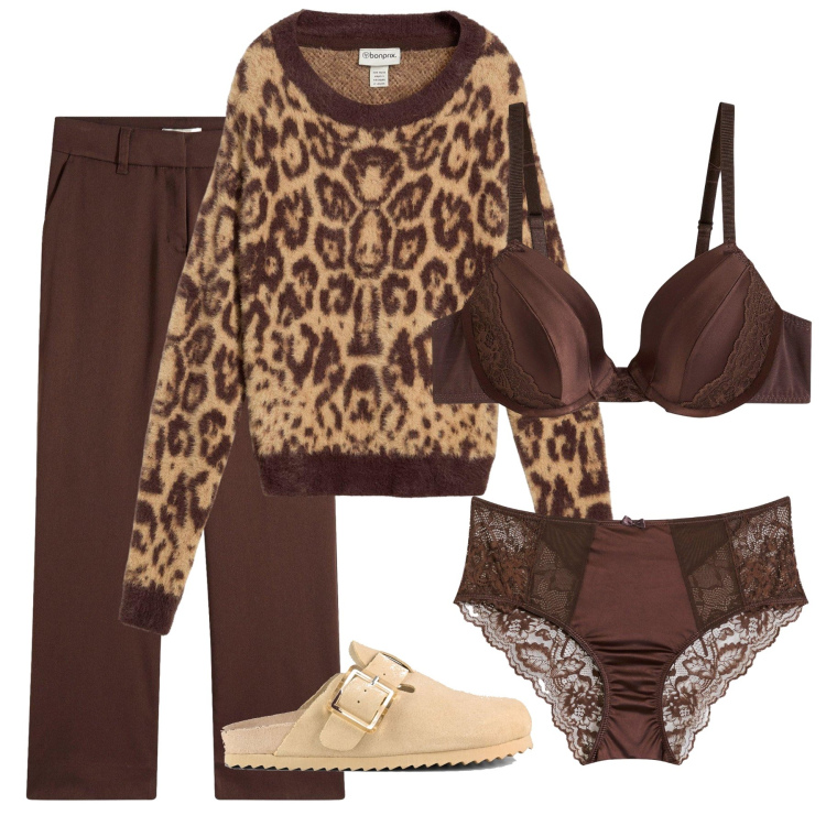 Outfit donna - Cioccolato tutto coordinato. Stile Trendy per Tutti i giorni. Abbinamento con pantaloni, culotte, maglieria, reggiseni, sabot.