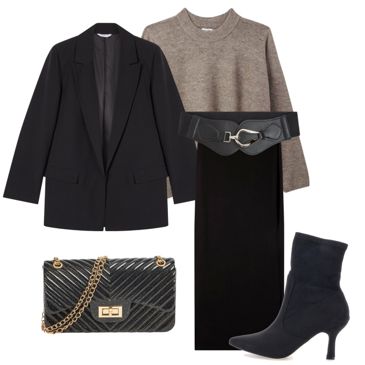 Outfit donna - Total look #2283623. Stile Casual chic per Serata fuori. Abbinamento con blazer, gonne lunghe, maglieria, borse a tracolla, cinture, stivaletti.
