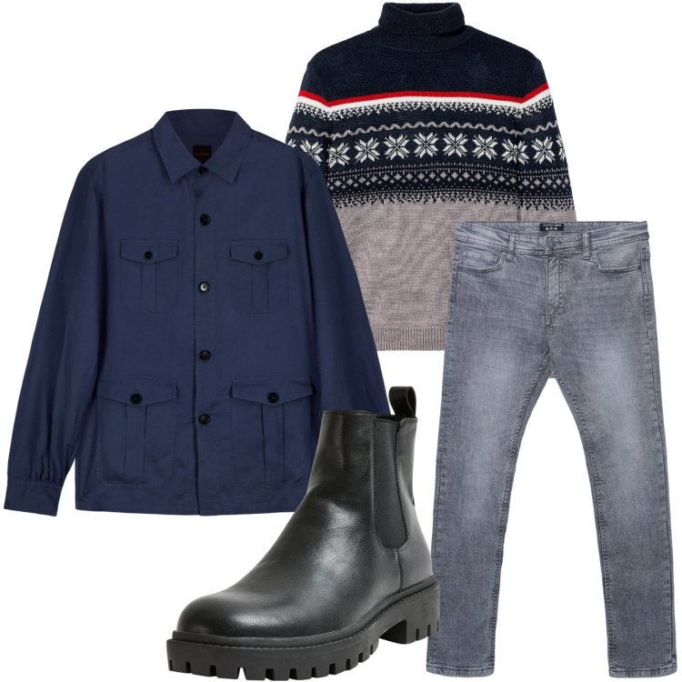 Outfit uomo - Total look #2283630. Stile Casual per Tutti i giorni. Abbinamento con maglieria, stivali e stivaletti, jeans skinny, cappotti.