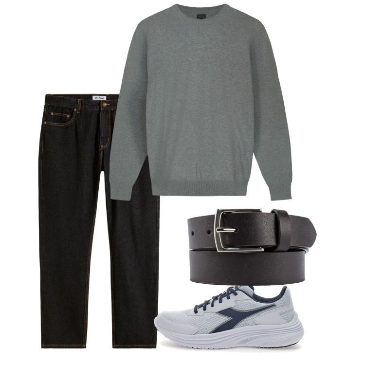 Outfit uomo - Novembre. Stile Casual per Tutti i giorni. Abbinamento con jeans dritti, sneakers, cinture, maglieria.