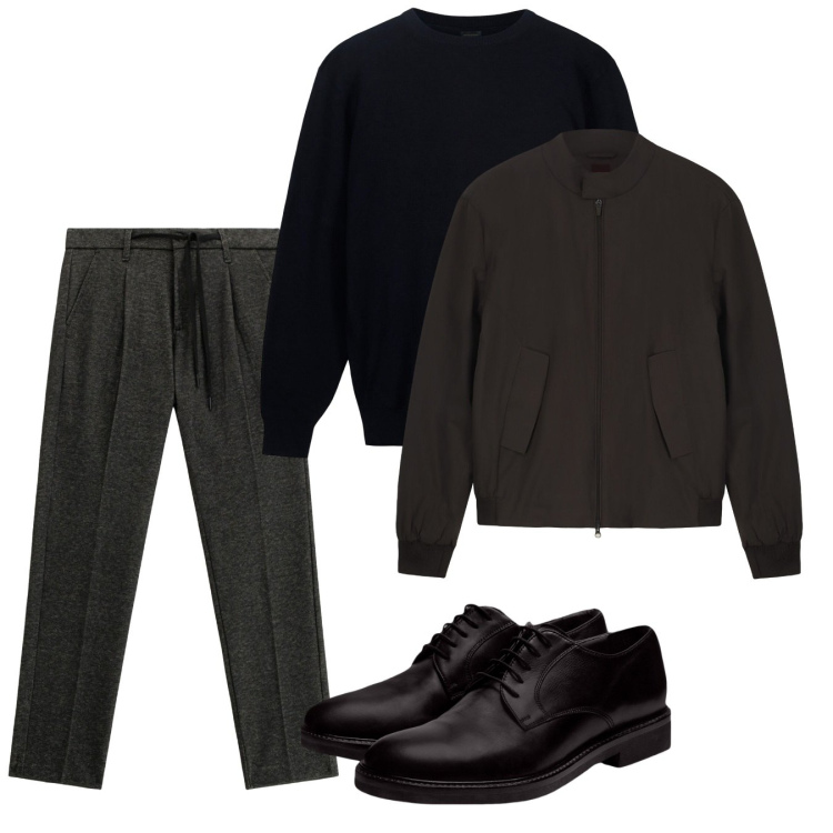 Outfit uomo - Novembre. Stile Casual per Tutti i giorni. Abbinamento con pantaloni, bomber, maglieria, scarpe stringate.