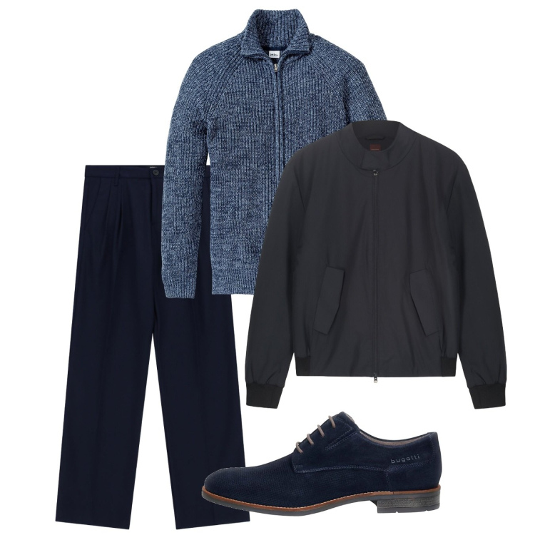 Outfit uomo - Fall. Stile Casual per Tutti i giorni. Abbinamento con cardigans, pantaloni, scarpe stringate, bomber.
