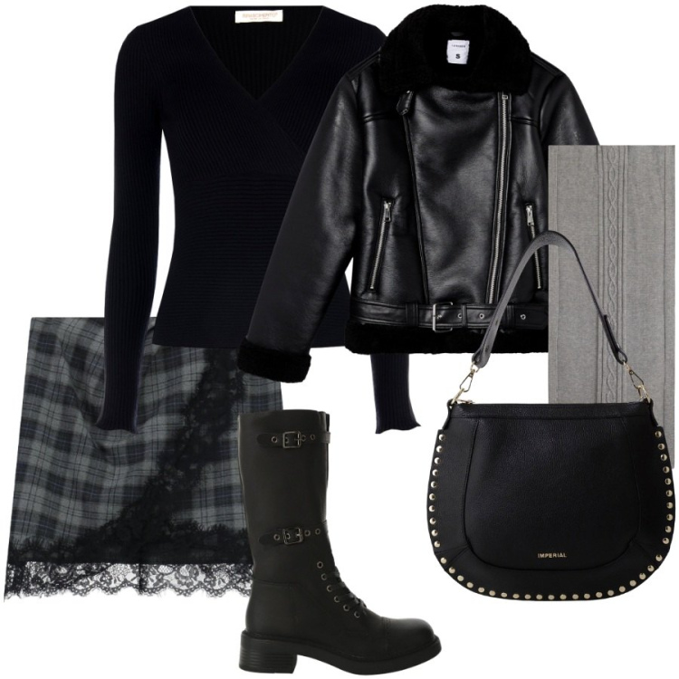 Outfit donna - Il biker in pelliccia. Stile Trendy per Serata fuori. Abbinamento con minigonne, pullovers, giacche, borse a spalla, stivali, sciarpe.