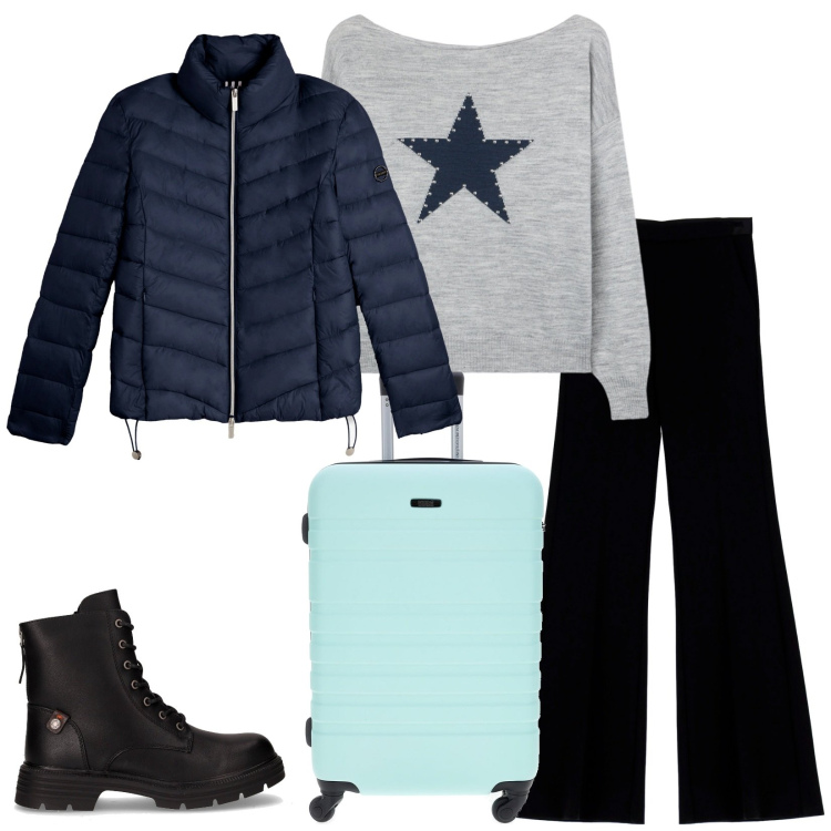 Outfit donna - Total look #2283659. Stile Casual per Tutti i giorni. Abbinamento con maglieria, pantaloni, piumini, valigie, anfibi.