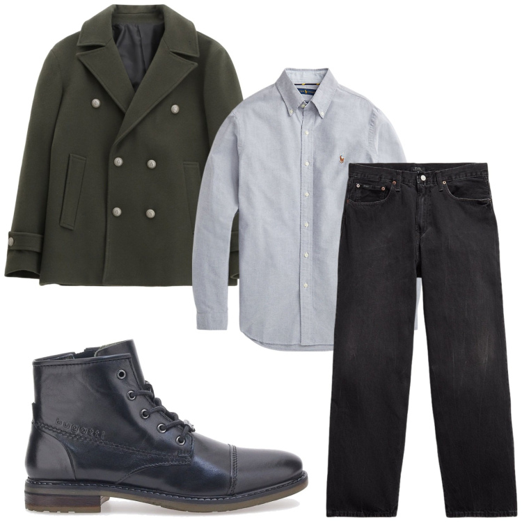 Outfit uomo - Total look #2283661. Stile Trendy per Serata speciale. Abbinamento con cappotti, camicie, jeans, stivali e stivaletti.