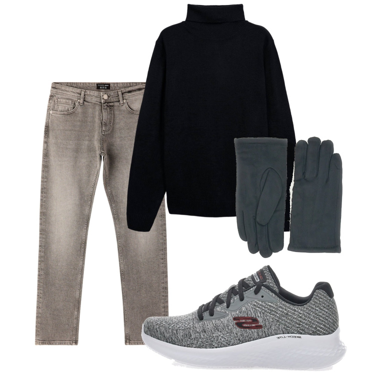 Outfit uomo - Novembre. Stile Casual per Tutti i giorni. Abbinamento con jeans, maglieria, sneakers, guanti.