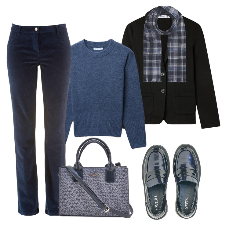 Outfit donna - Lo stile basic. Stile Basic per Tutti i giorni. Abbinamento con pantaloni, blazer, maglieria, sciarpe, mocassini, borse a tracolla.