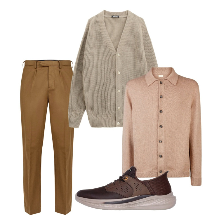 Outfit uomo - Autunno. Stile Casual per Tutti i giorni. Abbinamento con cardigans, pantaloni, sneakers, polo.