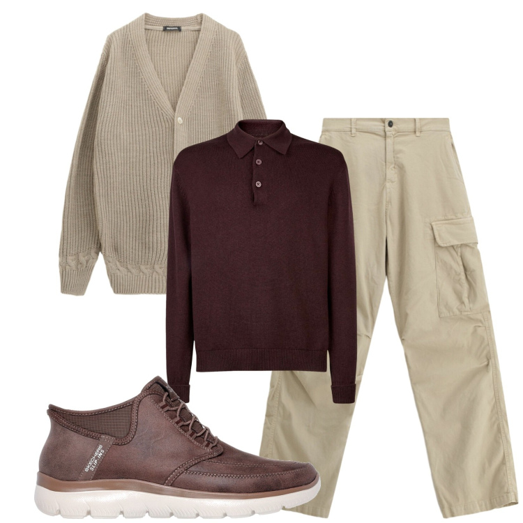 Outfit uomo - Total look #2283710. Stile Casual per Tutti i giorni. Abbinamento con cardigans, pantaloni cargo, polo, sneakers.