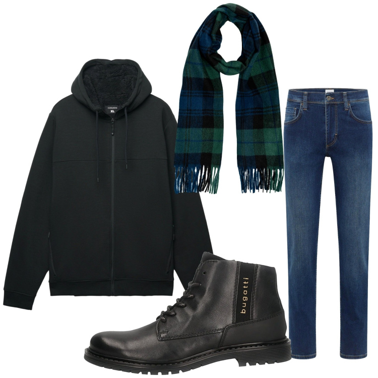 Outfit uomo - Total look #2283711. Stile Trendy per Tutti i giorni. Abbinamento con jeans dritti, felpe con cappuccio, sciarpe, stivali e stivaletti.