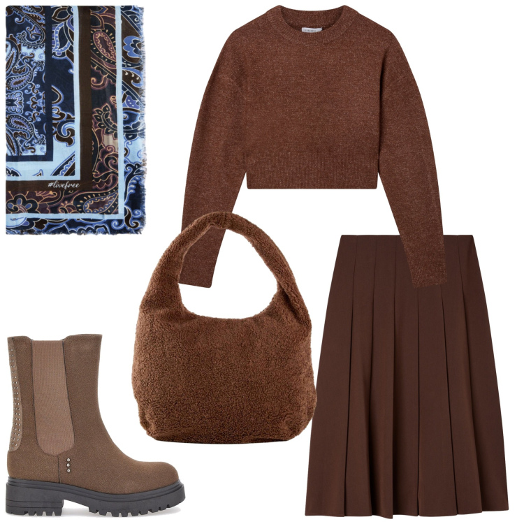 Outfit donna - Gonna e stivaletti. Stile Chic per Tutti i giorni. Abbinamento con shopping bag, gonne lunghe, maglieria, stivaletti chelsea, foulard.