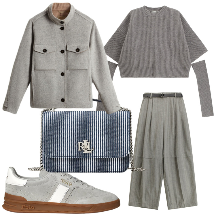 Outfit donna - Righe. Stile Casual chic per Serata fuori. Abbinamento con pantaloni, maglieria, sneakers, borse a spalla, blazer.