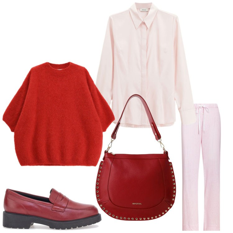 Outfit donna - Rossorosa. Stile Casual chic per Ufficio. Abbinamento con borse a spalla, maglieria, camicie, pantaloni, mocassini.