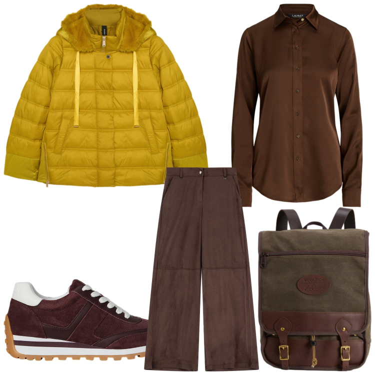 Outfit donna - A scuola. Stile Casual per Scuola/Università. Abbinamento con pantaloni a palazzo, camicie, sneakers, zaini, piumini.