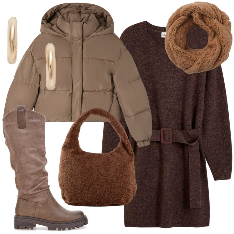 Outfit donna - Freddo non ti temo. Stile Casual per Tutti i giorni. Abbinamento con shopping bag, vestiti corti, bomber, sciarpe, orecchini, stivali.