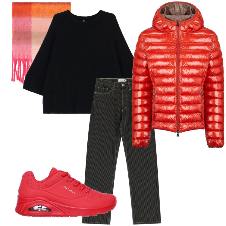 Outfit donna - Coloriamo l\' autunno. Stile Casual per Tutti i giorni. Abbinamento con pantaloni, maglieria, sciarpe, blazer, sneakers.