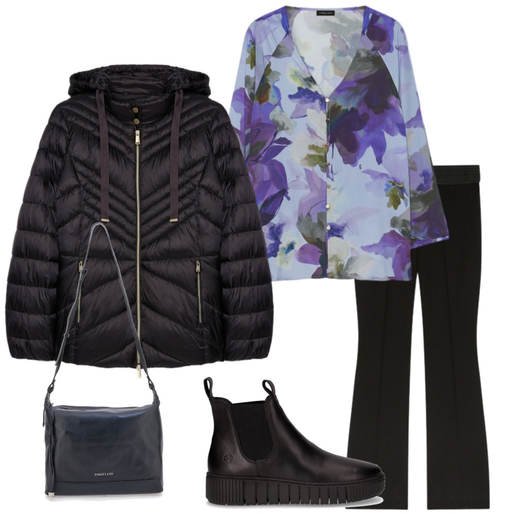 Outfit donna - Urban curvy. Stile Urban per Tutti i giorni. Abbinamento con pantaloni, bluse, piumini, borse a tracolla, stivaletti chelsea.