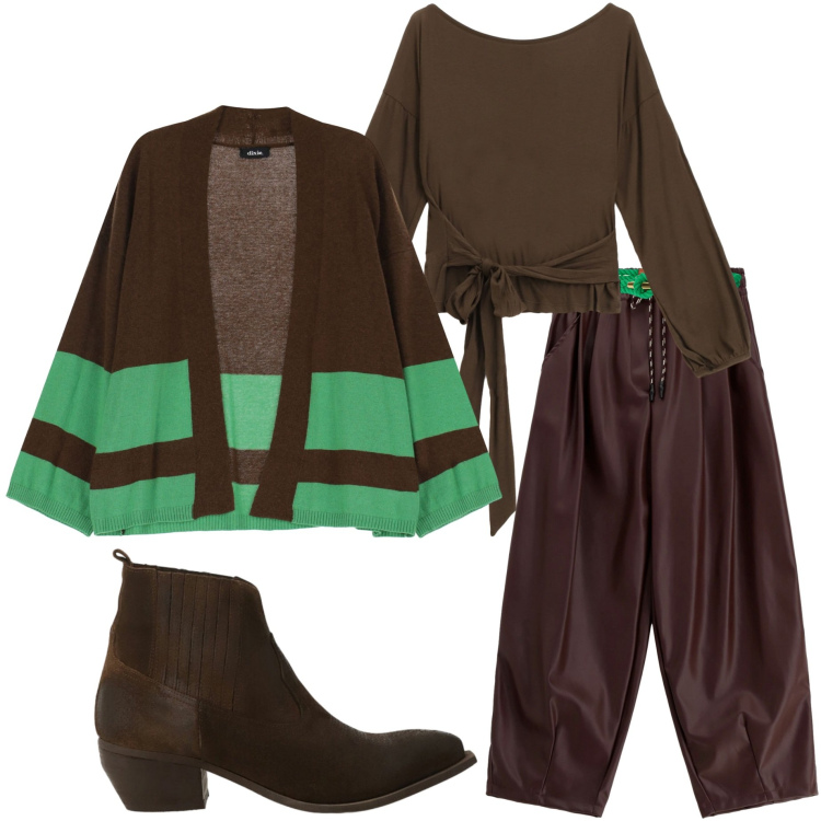 Outfit donna - Cioccolato. Stile Casual chic per Serata fuori. Abbinamento con top, pantaloni a palazzo, cardigans, stivaletti, cinture.