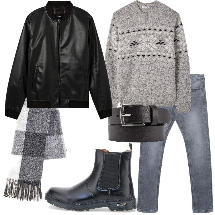 Outfit uomo - Serata al pub. Stile Casual per Serata speciale. Abbinamento con bomber, jeans skinny, maglieria, sciarpe, stivali e stivaletti, cinture.