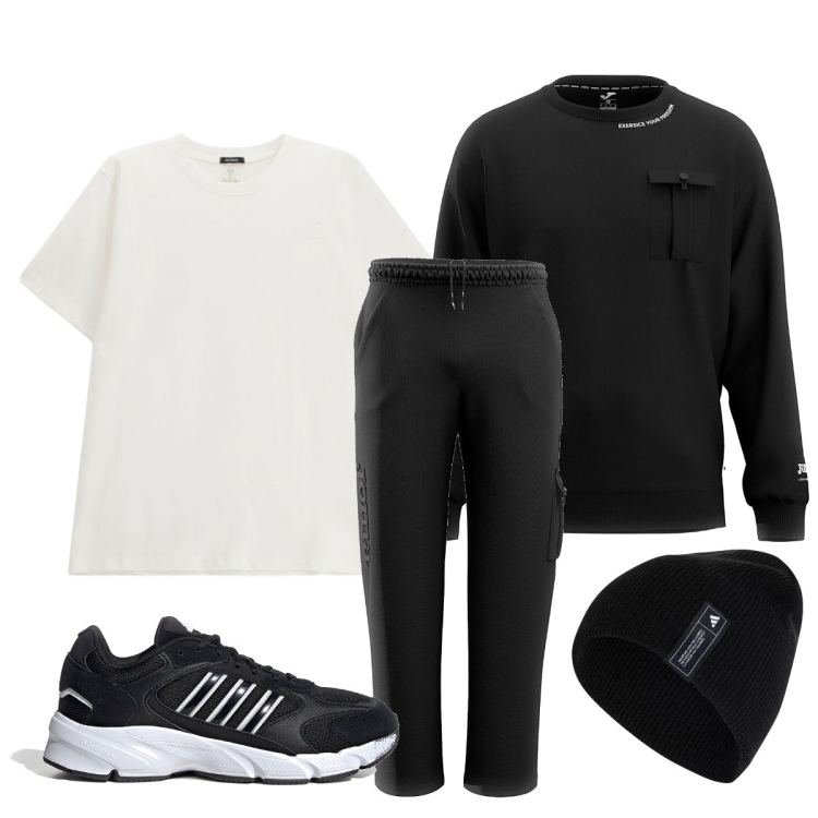 Outfit uomo - Corretta mattutina. Stile Casual per Sport. Abbinamento con t-shirt, pantaloni sportivi, berretti, sneakers, felpe.