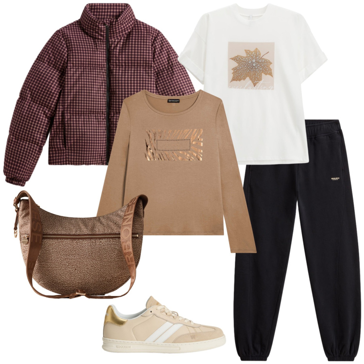 Outfit donna - Total look #2283770. Stile Casual per Tutti i giorni. Abbinamento con t-shirt, borse a spalla, t-shirt, pantaloni, sneakers, piumini.