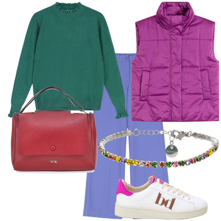 Outfit donna - Coloriamo il lunedì. Stile Trendy per Tutti i giorni. Abbinamento con piumini, braccialetti, sneakers, pantaloni, maglieria, borse a tracolla.