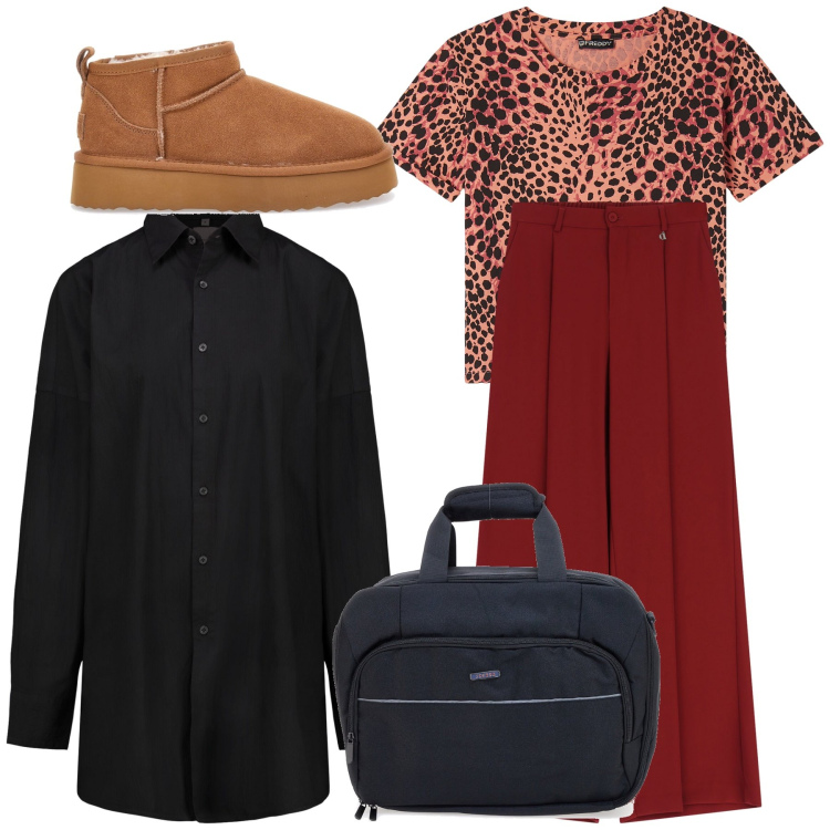 Outfit donna - In giro. Stile Urban per Tutti i giorni. Abbinamento con t-shirt, pantaloni a palazzo, camicie, stivaletti, borse a tracolla.