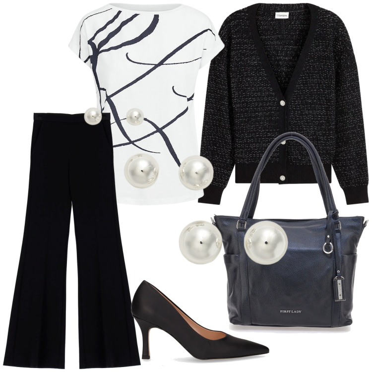 Outfit donna - Bon ton in golf. Stile Chic per Ufficio. Abbinamento con cardigans, pantaloni, maglieria, orecchini, shopping bag, décolleté.