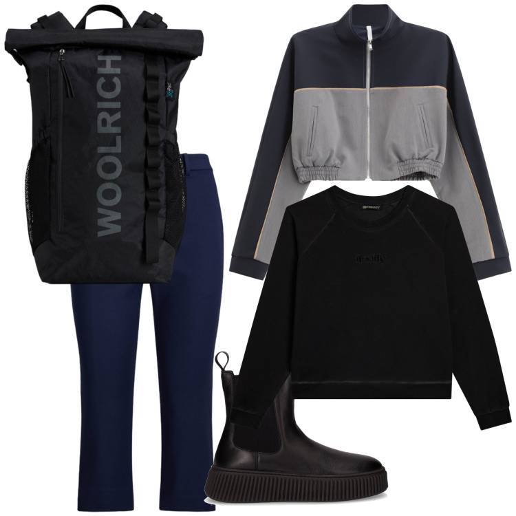 Outfit donna - Sportiva al lunedì. Stile Casual per Tutti i giorni. Abbinamento con felpe, felpe, pantaloni, zaini, stivaletti chelsea.