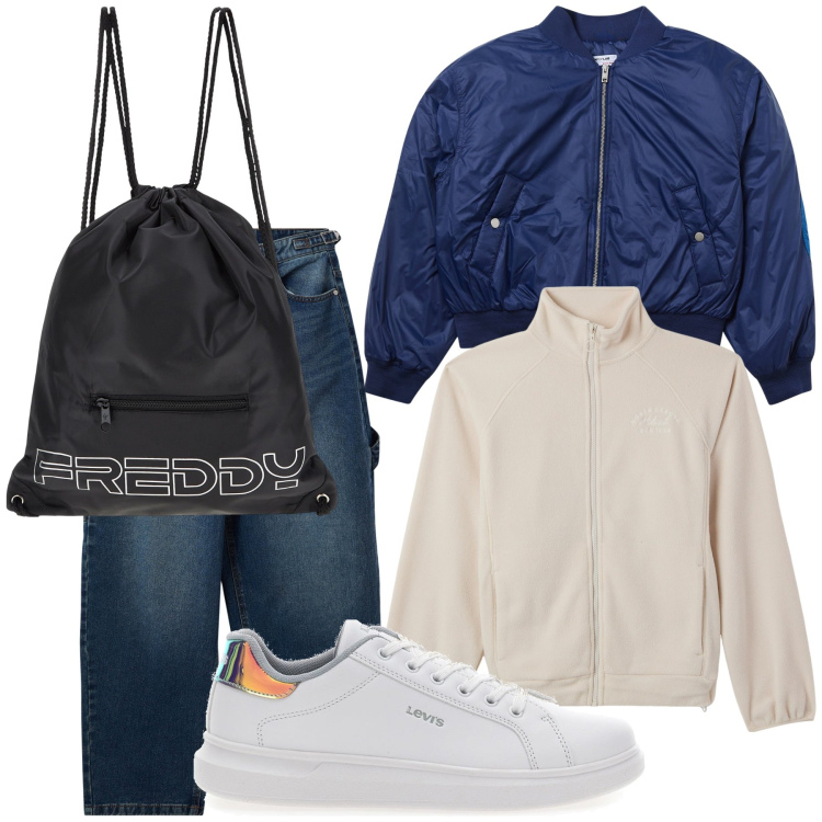 Outfit donna - Lunedì attivo e in saldo. Stile Basic per Tutti i giorni. Abbinamento con bomber, felpe, jeans, zaini, sneakers.
