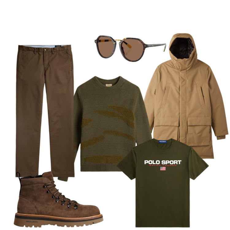 Outfit uomo - Week-end in montagna. Stile Casual per Tutti i giorni. Abbinamento con parka, t-shirt, occhiali da sole, pantaloni chino, stivali e stivaletti, maglieria.