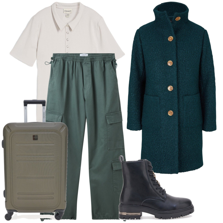 Outfit donna - Settimana all estero. Stile Urban per Tutti i giorni. Abbinamento con polo, cappotti, pantaloni cargo, anfibi, valigie.